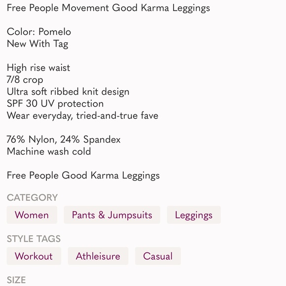 Free People! FP Movement Good Karma Leggings in Pomelo NWT! - Picture 8 of 8